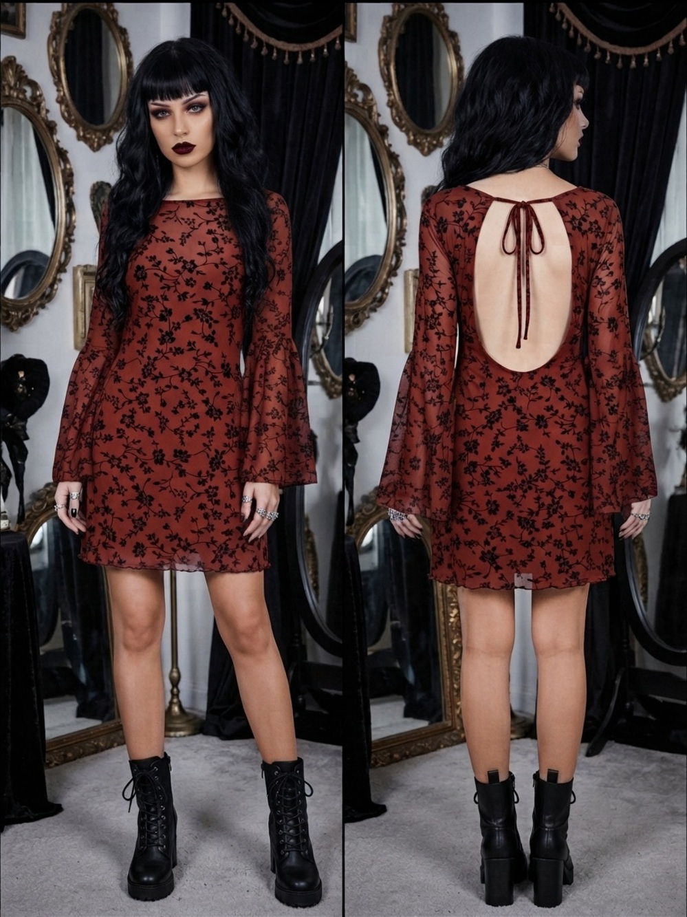 Red Whimsigoth Flocked Floral Mesh Mini Dress Open Back Bell Sleeve XL Goth